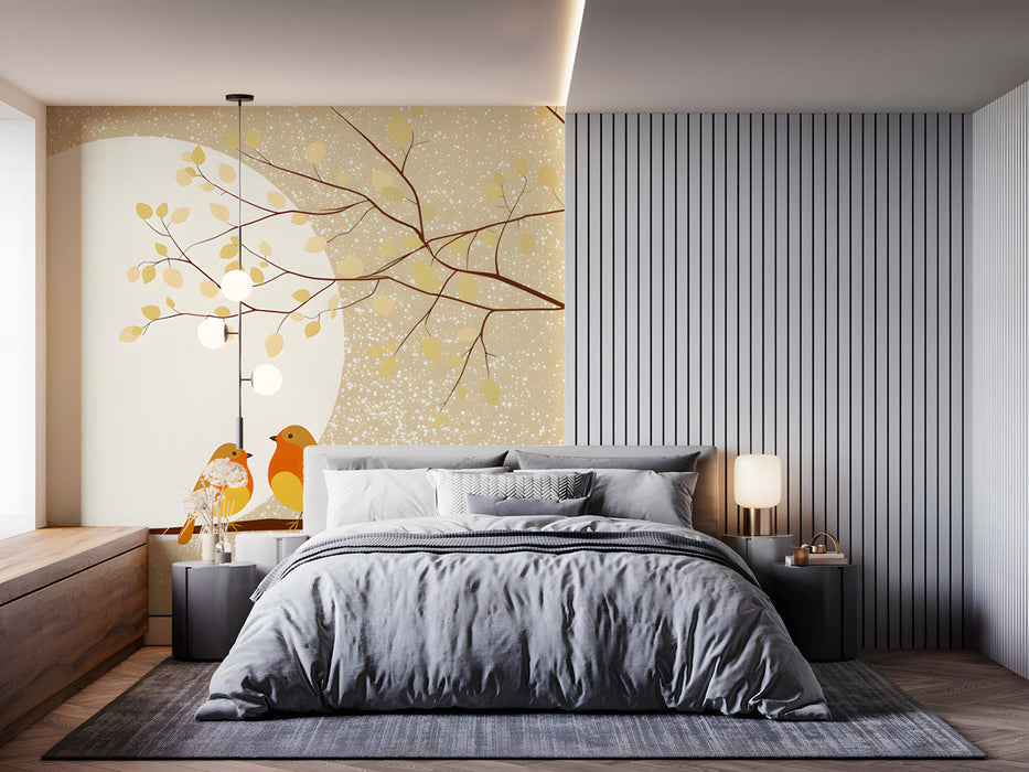 Cozy bedroom with a nature-inspired songbird mural on the main wall