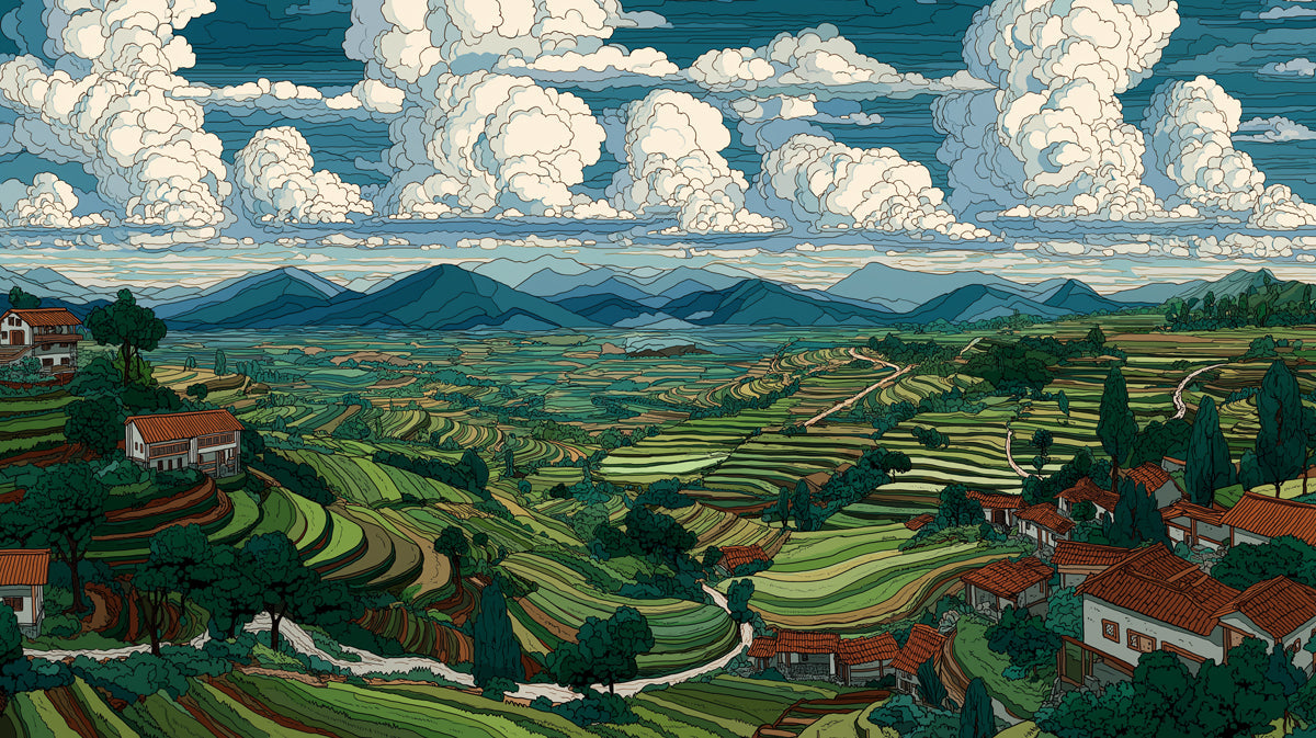 Illustration of a terraced valley landscape with green fields, terracotta roof houses, blue mountains, and large white clouds.