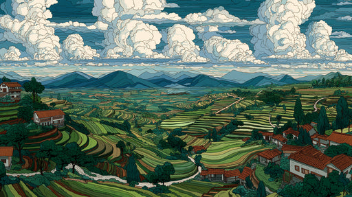 Illustration of a terraced valley landscape with green fields, terracotta roof houses, blue mountains, and large white clouds.