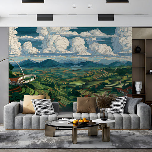 A sophisticated living room wall decorated with a rolling green hills mural and wooden furniture.