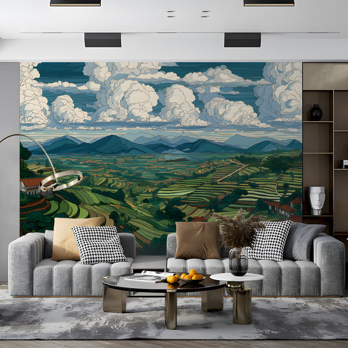 A sophisticated living room wall decorated with a rolling green hills mural and wooden furniture.