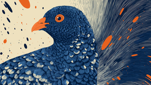 Abstract bird mural with navy feathers, orange accents, and line art on cream
