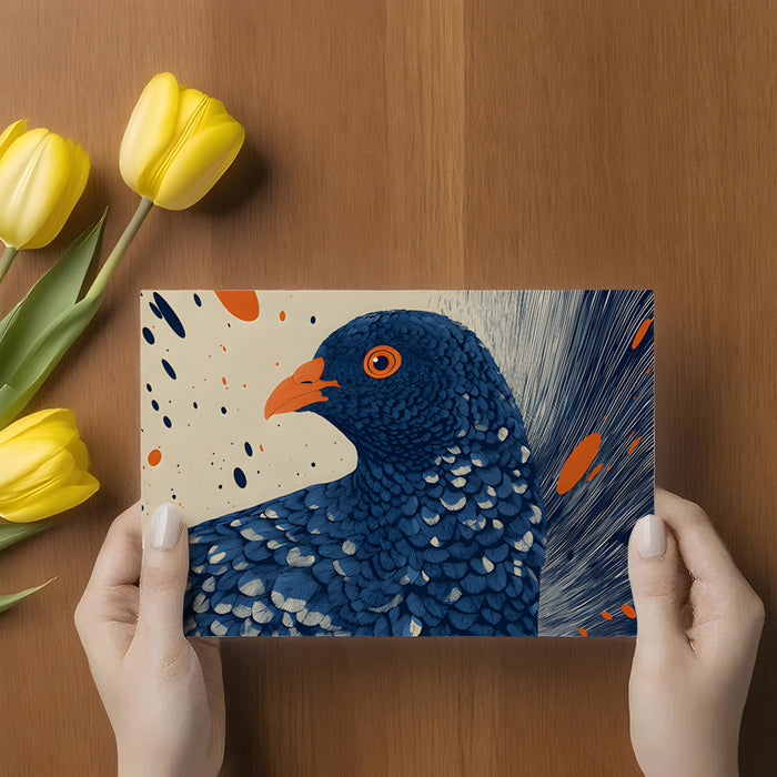 Home office interior featuring a striking avian graphic mural on the back wall