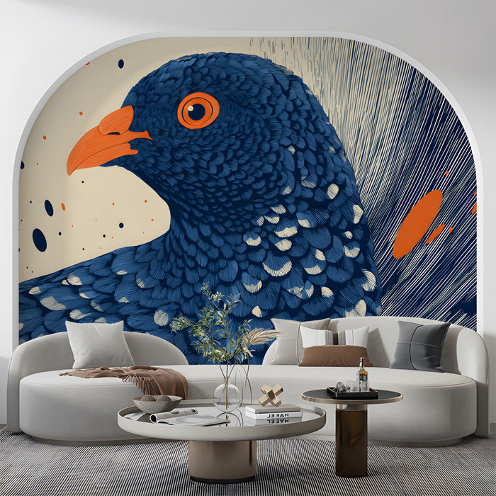 Creative studio space with a bold abstract bird mural providing a focal point