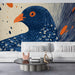 Modern commercial space wall decorated with an abstract blue and orange bird mural