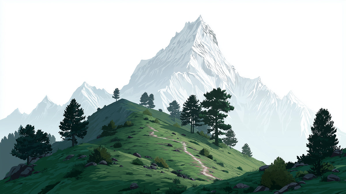 A graphic illustration of a snowy mountain peak towering over a lush green grassy hill with pine trees and a hiking path.