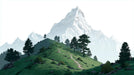 A graphic illustration of a snowy mountain peak towering over a lush green grassy hill with pine trees and a hiking path.