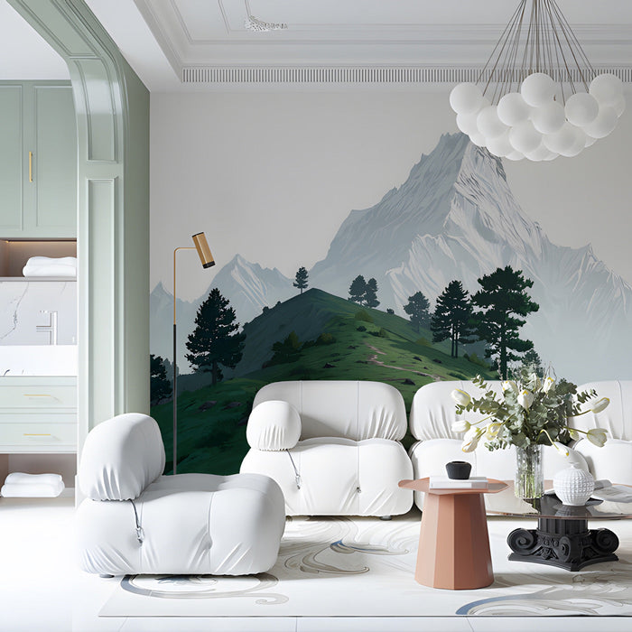 A commercial space with a panoramic mountain range mural as a headboard feature wall.