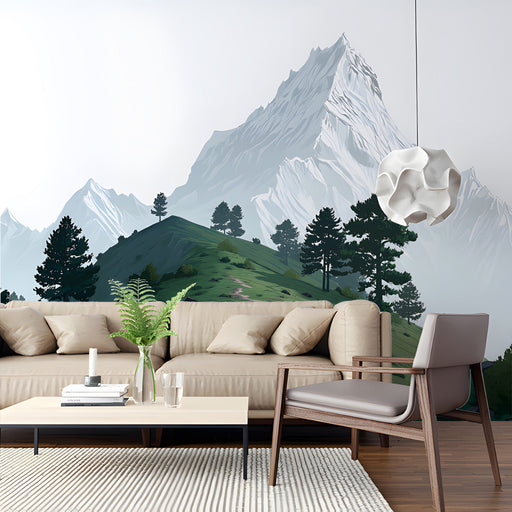 A modern living room featuring a mountain landscape wallpaper behind a gray fabric sofa.