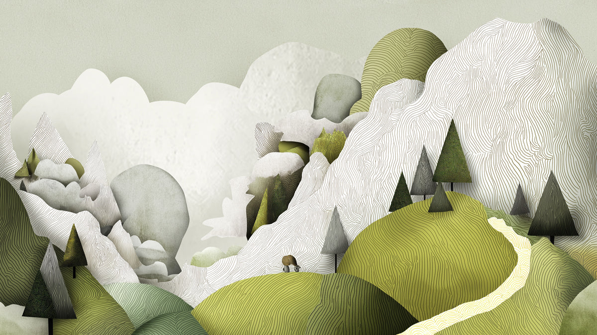 Abstract mountain landscape wallpaper with moss green hills and white line-drawn peaks