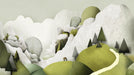 Abstract mountain landscape wallpaper with moss green hills and white line-drawn peaks