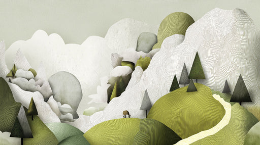 Abstract mountain landscape wallpaper with moss green hills and white line-drawn peaks