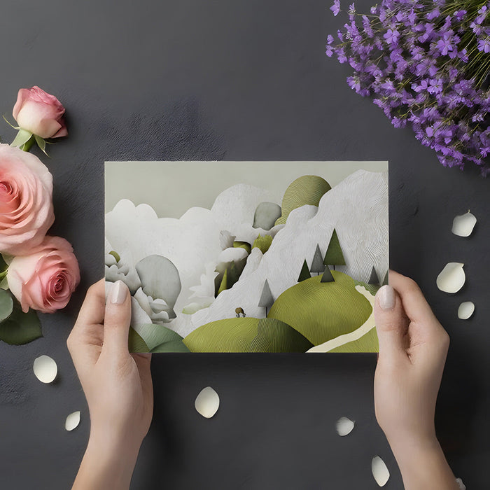 Modern bedroom wall with peaceful mountain range mural in olive and sage tones
