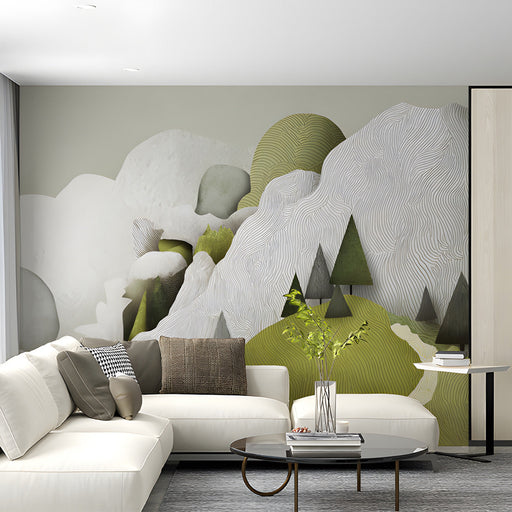 Serene home office with mountain landscape wallpaper and minimalist decor