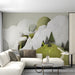 Serene home office with mountain landscape wallpaper and minimalist decor