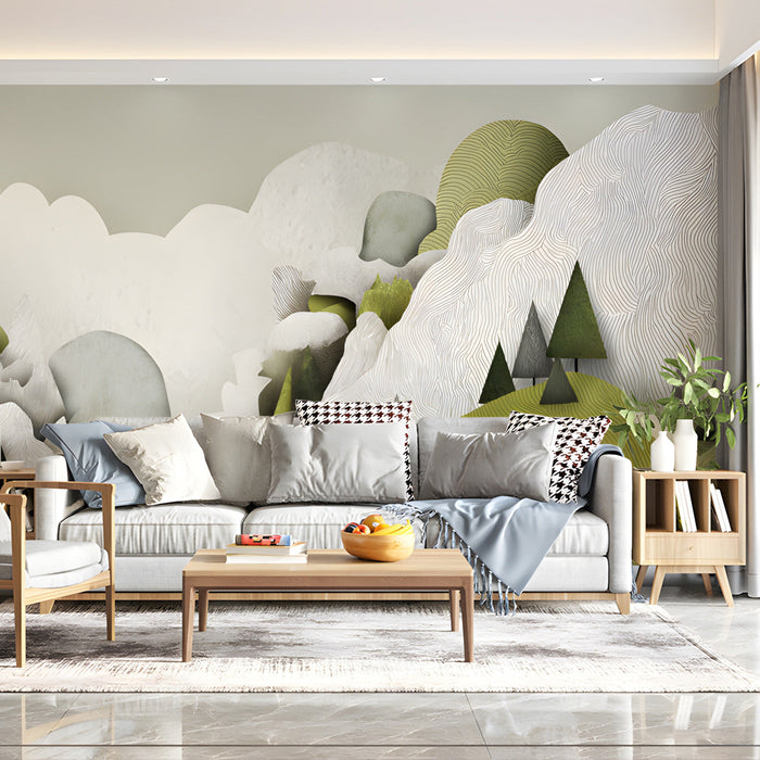 Living room featuring abstract mountain landscape wallpaper behind a wooden console