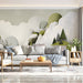 Living room featuring abstract mountain landscape wallpaper behind a wooden console