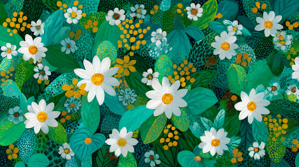 Painterly floral wallpaper pattern featuring white daisies and ochre centers on a background of teal and green leaves.