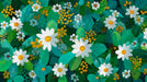 Painterly floral wallpaper pattern featuring white daisies and ochre centers on a background of teal and green leaves.