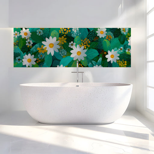 A sunny bathroom decorated with a vibrant teal and white floral mural wallpaper.