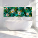 A sunny bathroom decorated with a vibrant teal and white floral mural wallpaper.