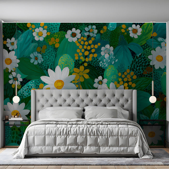 A bright bedroom featuring a daisy floral wall mural and white wood dining furniture.