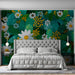 A bright bedroom featuring a daisy floral wall mural and white wood dining furniture.