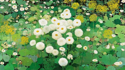 Floral pattern wallpaper with white daisies and golden spherical clusters on a deep forest green background