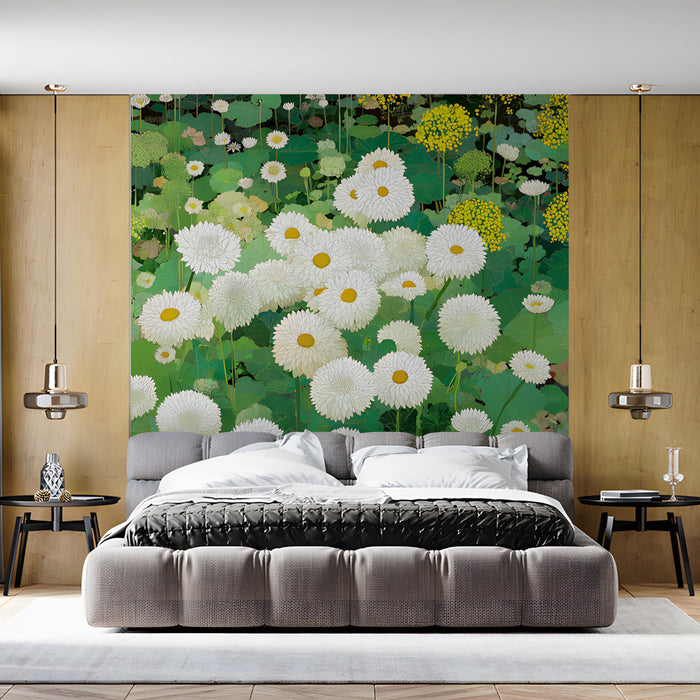 Cozy bedroom interior with a lush green and white floral mural wallpaper feature wall