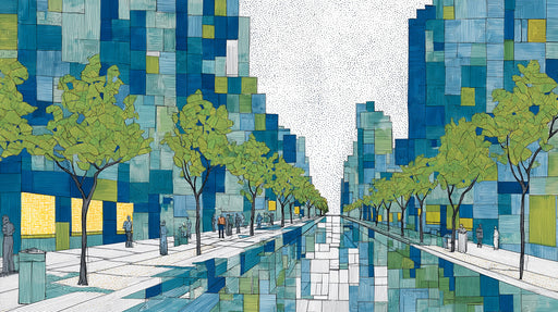 Abstract urban mural with blue city blocks, lime trees, and stippled white sky