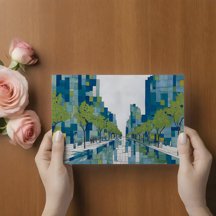 Stylish hallway featuring a geometric boulevard city mural