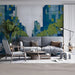 Contemporary living room featuring an artistic blue city street mural