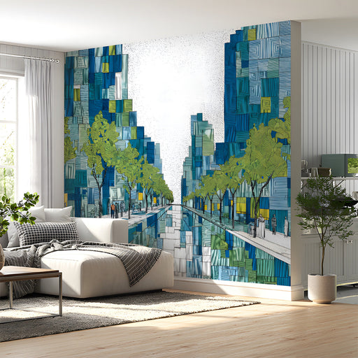 Modern office space with an abstract blue and lime city mural on a long wall