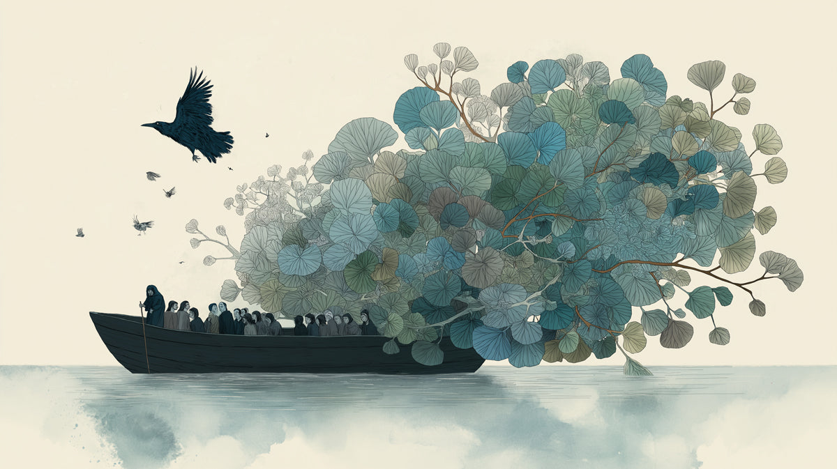 A surreal artistic mural featuring a boat carrying a large bush with teal leaves and a flying raven