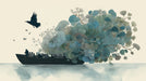 A surreal artistic mural featuring a boat carrying a large bush with teal leaves and a flying raven