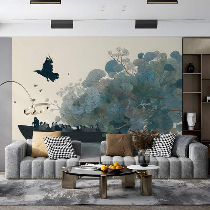 commercial space wall decor featuring a whimsical artistic mural of a voyage on a cream background