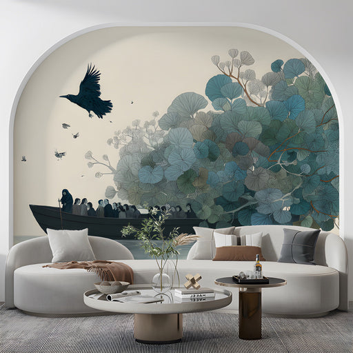 Living room featuring a surreal boat illustration mural above a mid-century sofa