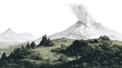 Etched style volcanic landscape wallpaper with a smoking mountain in charcoal and forest green on white.