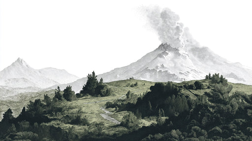 Etched style volcanic landscape wallpaper with a smoking mountain in charcoal and forest green on white.