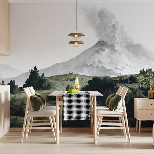 A sophisticated dining room featuring a detailed mountain landscape wall mural behind a dark wood desk.