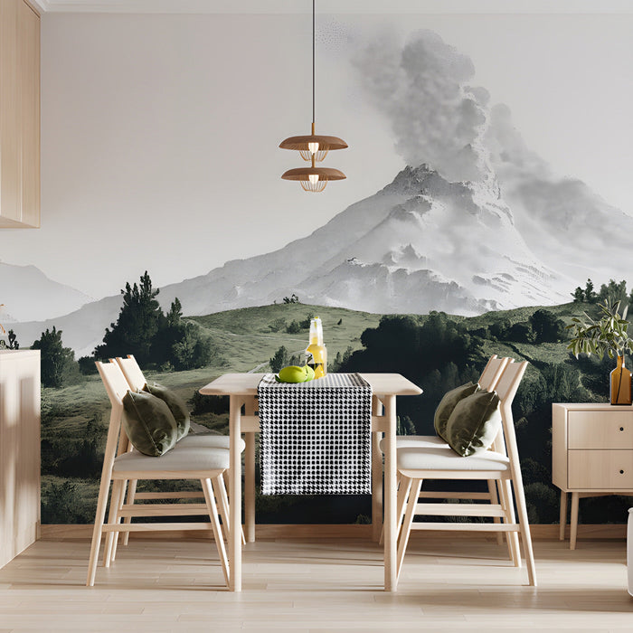 A sophisticated dining room featuring a detailed mountain landscape wall mural behind a dark wood desk.