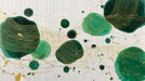 Abstract wallpaper pattern with emerald green circles, gold topographic line art, and fine charcoal vertical pinstripes.