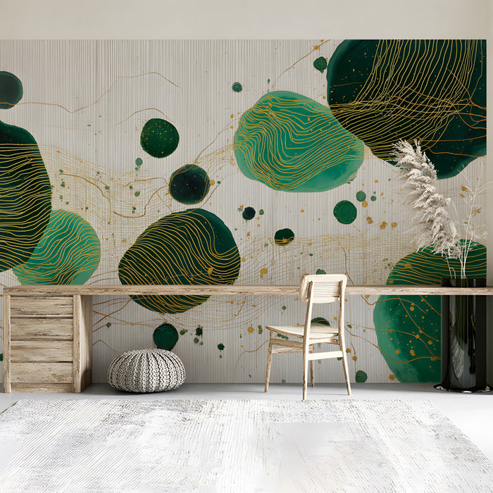 Study wall featuring an abstract emerald and gold mural behind a neutral velvet sofa.