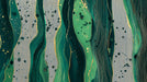 Abstract emerald green fluid mural with flowing gold lines and ink droplets