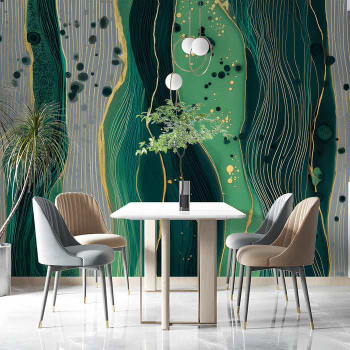 Contemporary hotel lobby decor with metallic gold and forest green wall art