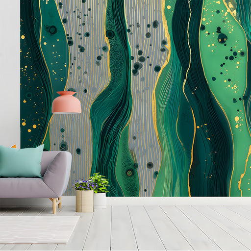 Modern home office with abstract emerald and gold fluid wall mural