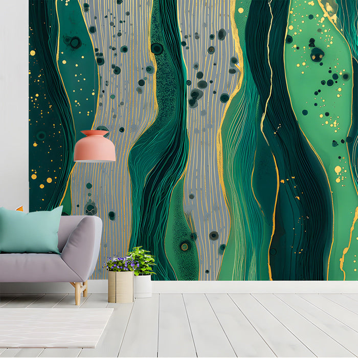 Modern home office with abstract emerald and gold fluid wall mural