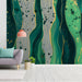 Modern home office with abstract emerald and gold fluid wall mural