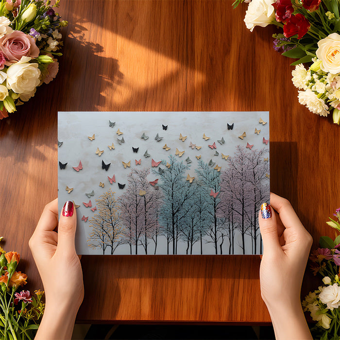 Soft pastel tree mural featured in a light-filled living room behind a cream sofa