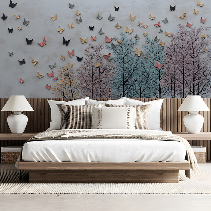 Nature-inspired bedroom wall mural with flying butterflies and pastel trees